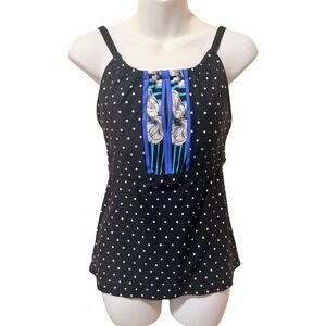 Beach House Polka Dot Floral Tankini Top Black White Blue Size 6 NWT